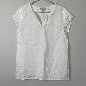 Saint Tropez West White Linen Crochet-Trim Cap Sleeve Top